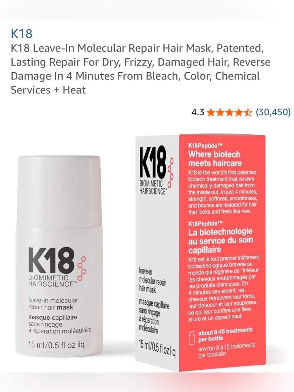 K-18 Leave-In Molecular Repair Hair Mask – White 1.7fl Oz big